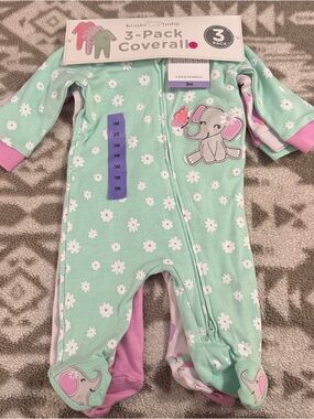 NWT Koala Kids Baby Girl Mint and Pink Floral Butterfly Elephant 3-Pack Footies